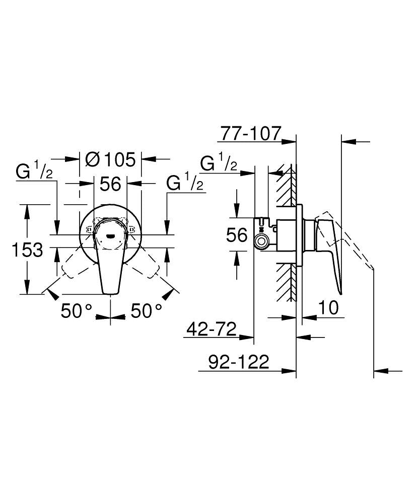 Grohe Bauedge Tek Kumandalı Duş Bataryası - 29040001 teknik çizim