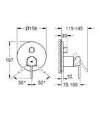 Grohe Plus Ankastre Banyo Duş Bataryası 3 çıkışlı divertörlü- 24093003 teknik çizim