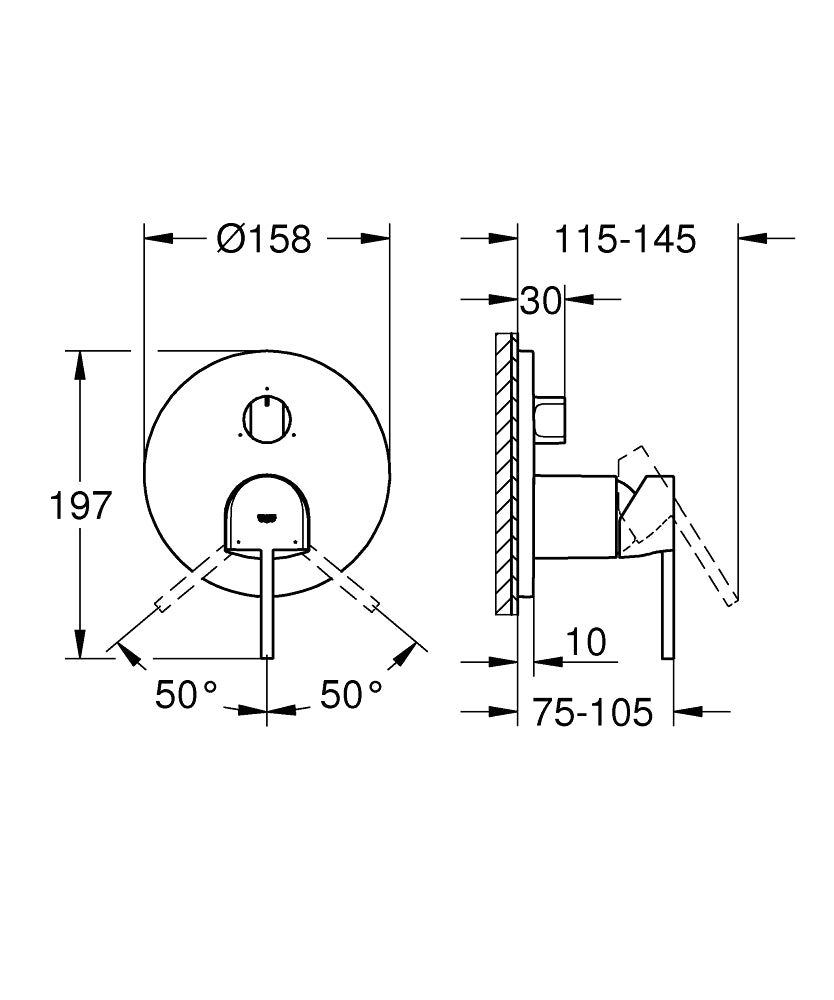 Grohe Plus Ankastre Banyo Duş Bataryası 3 çıkışlı divertörlü- 24093003 teknik çizim