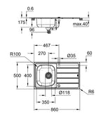Grohe K200 Paslanmaz Çelik Süzgeçli Eviye Paslanmaz Çelik - 31552SD1 teknik çizim