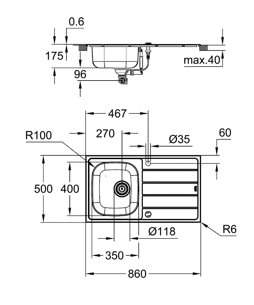 Grohe K200 Paslanmaz Çelik Süzgeçli Eviye Paslanmaz Çelik - 31552SD1 teknik çizim