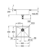 Grohe K700U Paslanmaz Çelik Eviye Paslanmaz Çelik - 31574SD1 teknik çizim