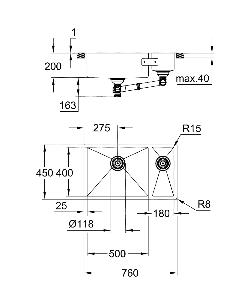Grohe K700U Eviye Paslanmaz Çelik - 31575SD1 teknik çizim