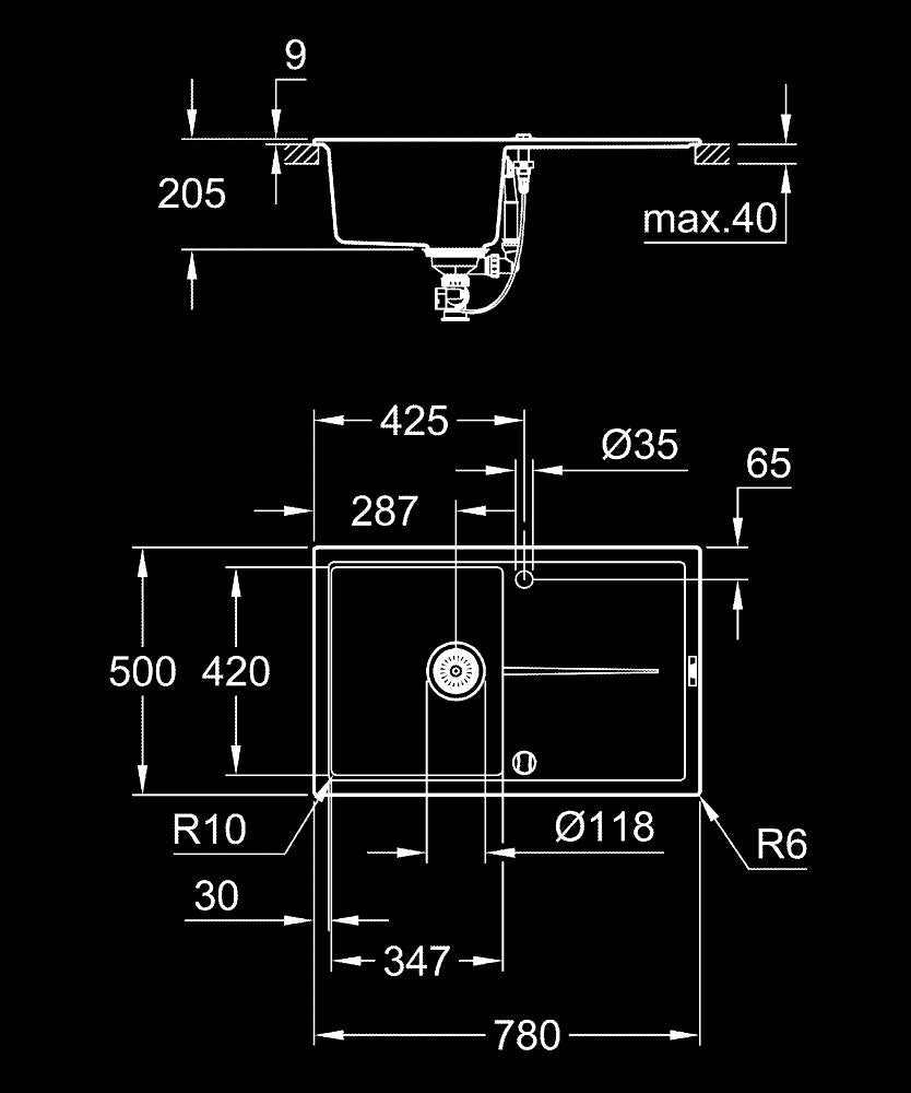 Grohe K400 Kuvars Kompozit Eviye 50 -C 78/50 , Granit Siyah Rengi - 31639AP0 teknik çizim