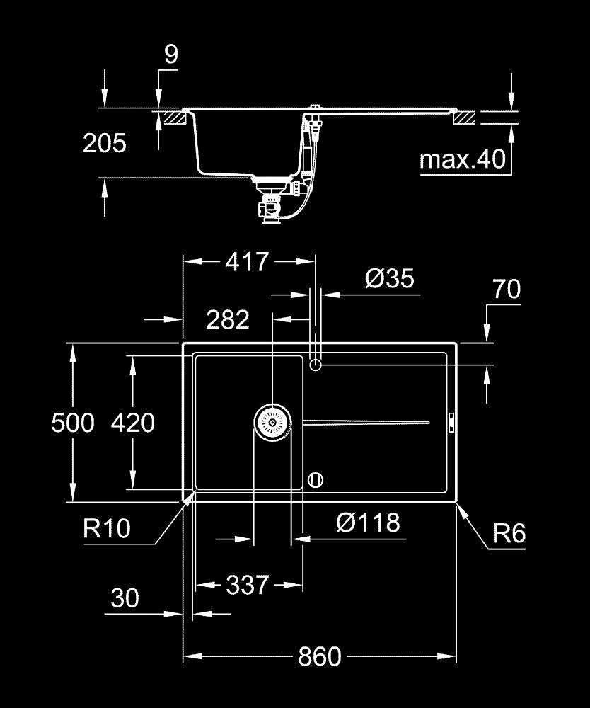 Grohe K400 Kuvars Kompozit Eviye 50 -C 86/50, Granit Siyah Rengi - 31640AP0 teknik çizim