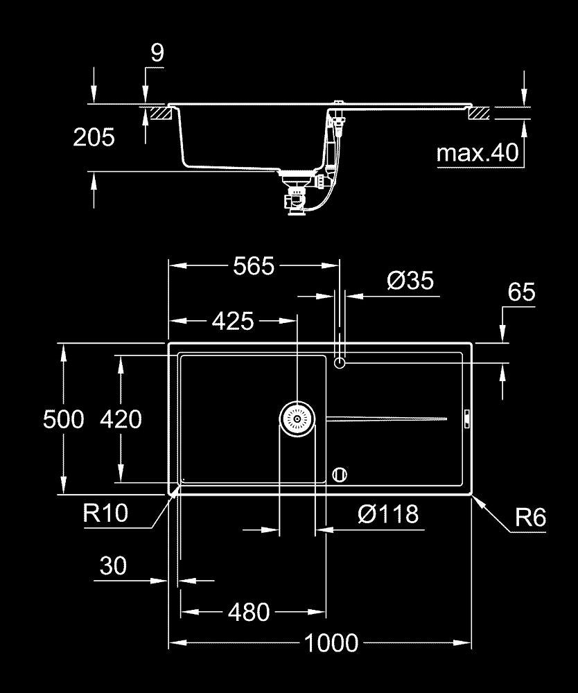 Grohe K400 Kuvars Kompozit Eviye 60 -C 100/50, Granit Siyah Rengi - 31641AP0 teknik çizim