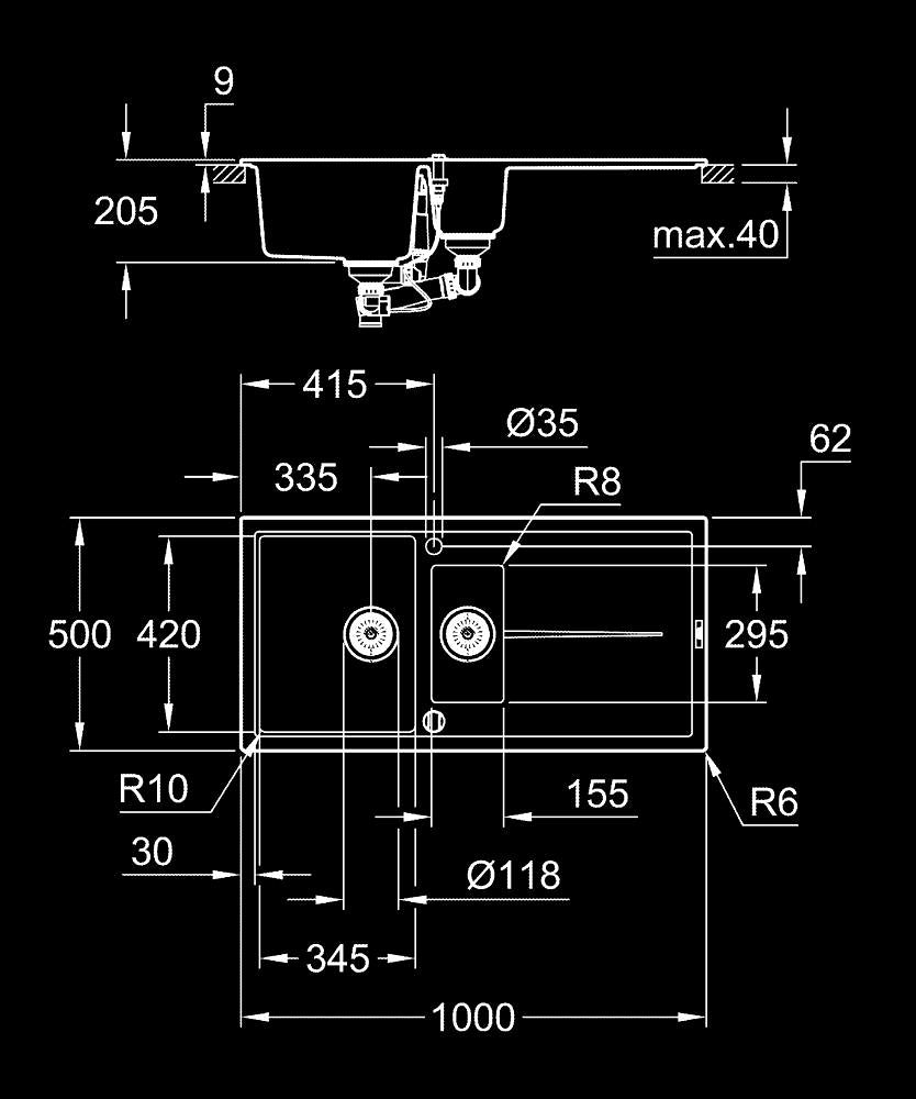 Grohe K400 Kuvars Komp. Eviye 60 -C 100/50, Granit Siyah-31642AP0 teknik çizim