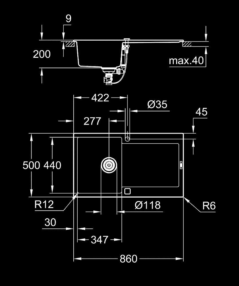 Grohe K500 Kuvars Kompozit Eviye 50 -C 86/50, Granit Siyah Rengi - 31644AP0 teknik çizim