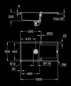 Grohe K500 Kuvars Kompozit Eviye  60 -C 100/50, Granit Siyah Rengi - 31645AP0 teknik çizim