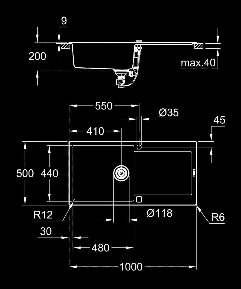 Grohe K500 Kuvars Kompozit Eviye  60 -C 100/50, Granit Siyah Rengi - 31645AP0 teknik çizim