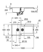 Grohe K500 Kuvars Kompozit Eviye 60 -C 100/50, Granit Siyah Rengi - 31646AP0 teknik çizim