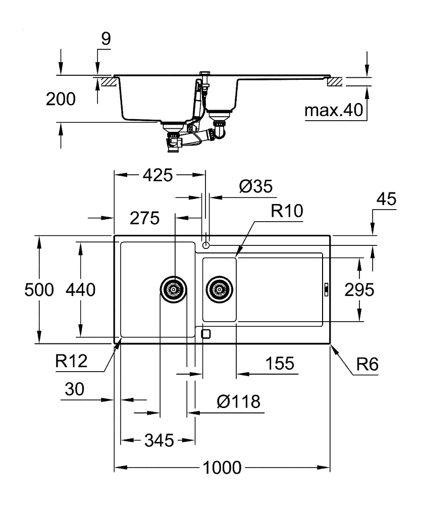 Grohe K500 Kuvars Kompozit Eviye 60 -C 100/50, Granit Siyah Rengi - 31646AP0 teknik çizim
