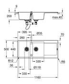 Grohe K500 Kuvars Kompozit Eviye 80 -C 116/50, Granit Siyah Rengi - 31647AP0 teknik çizim