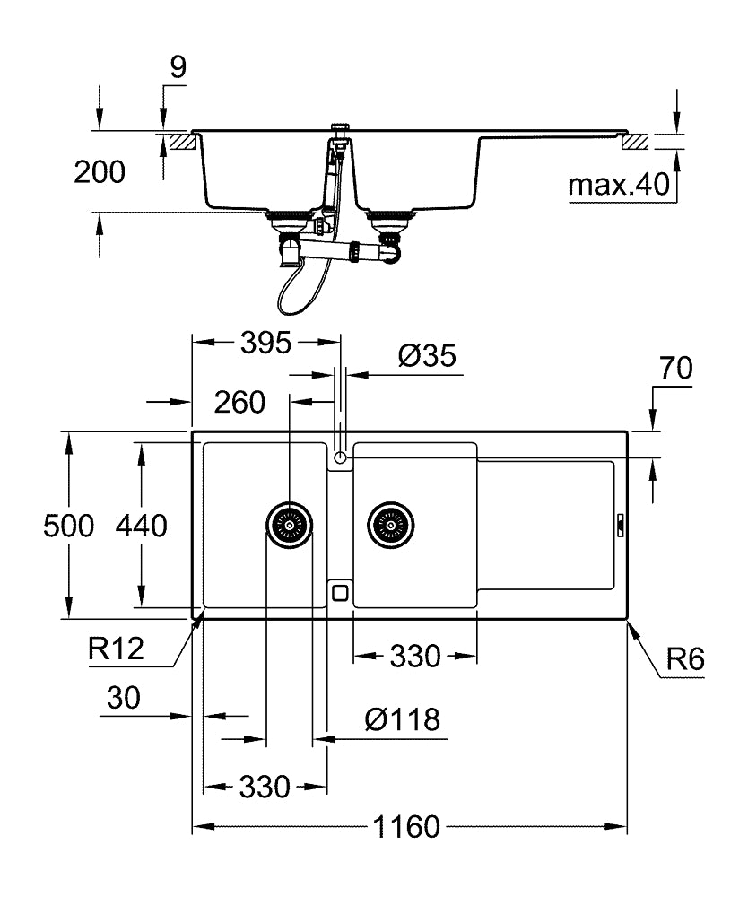 Grohe K500 Kuvars Kompozit Eviye 80 -C 116/50, Granit Siyah Rengi - 31647AP0 teknik çizim