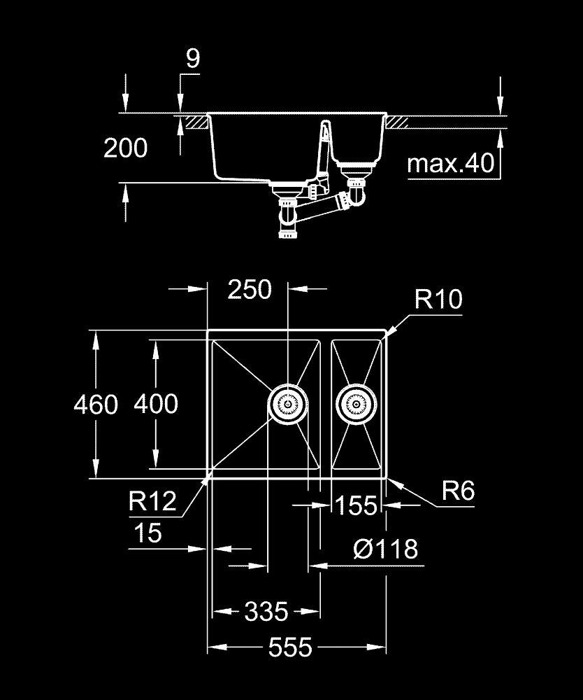 Grohe K500 Kuvars Kompozit 1,5 Göz Eviye 60 -C 55,5/46 Granit Siyah Rengi - 31648AP0 teknik çizim