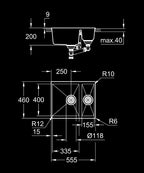 Grohe K500 Kuvars Kompozit 1,5 Göz Eviye 60 -C 55,5/46 Granit Siyah Rengi - 31648AP0 teknik çizim