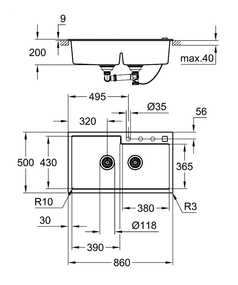 Grohe K500 Kuvars Kompozit Eviye 90 -C 86/50, Granit Siyah Rengi - 31649AP0 teknik çizim