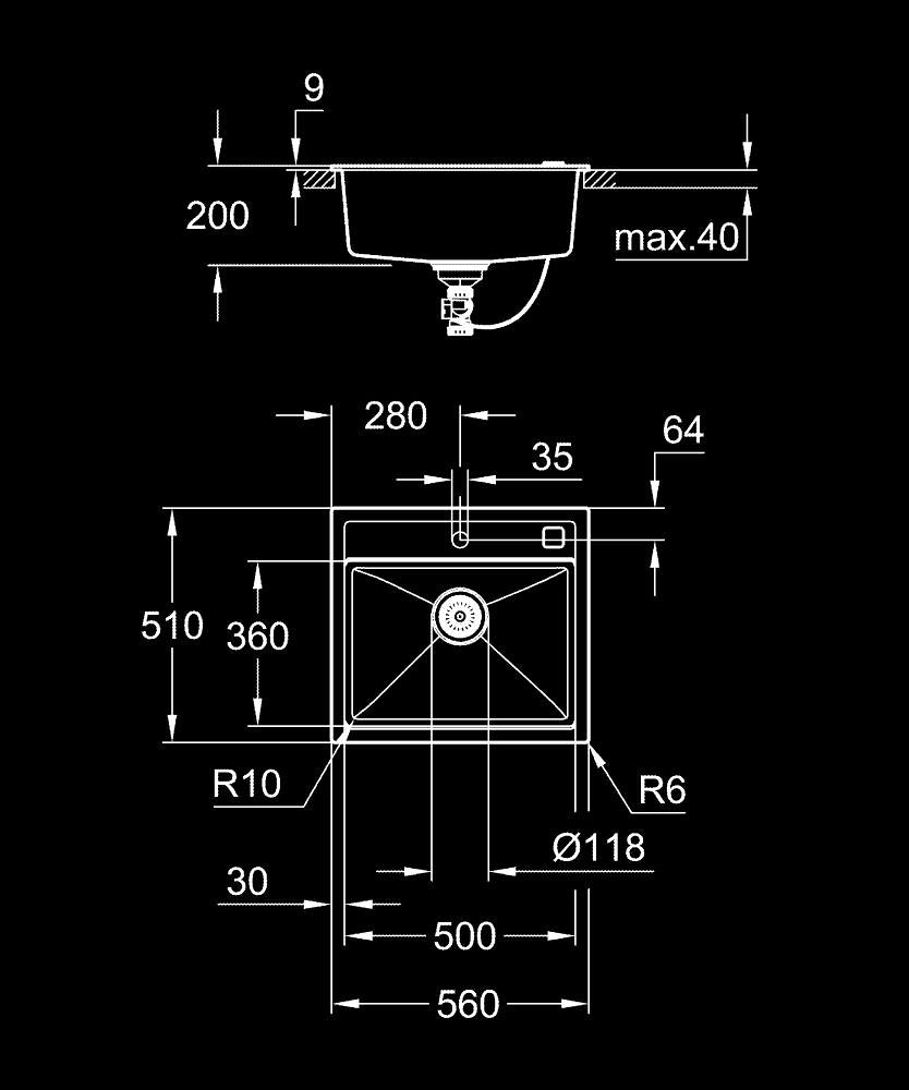 Grohe 700 Kuvars Kompozit Eviye 60 -C 56/51, Granit Siyah Rengi - 31651AP0 teknik çizim