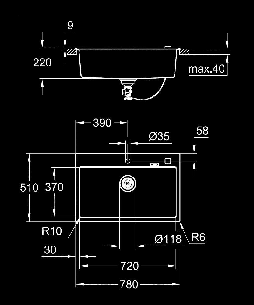 Grohe 700 Kuvars Kompozit Eviye 80 -C 78/51, Granit Siyah Rengi - 31652AP0 teknik çizim