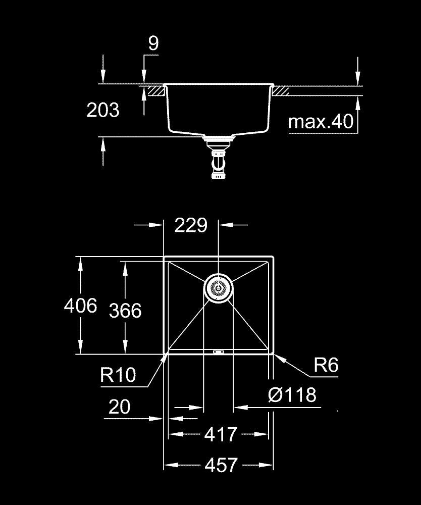 Grohe K700U Kuvars Kompozit Eviye 50 -C 45,7/40,6, Granit Siyah Rengi - 31653AP0 teknik çizim