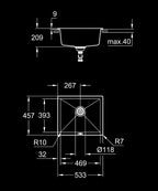 Grohe K700U Kuvars Kompozit Eviye 60 -C 53,3/45,7, Granit Siyah Rengi - 31654AP0 teknik çizim