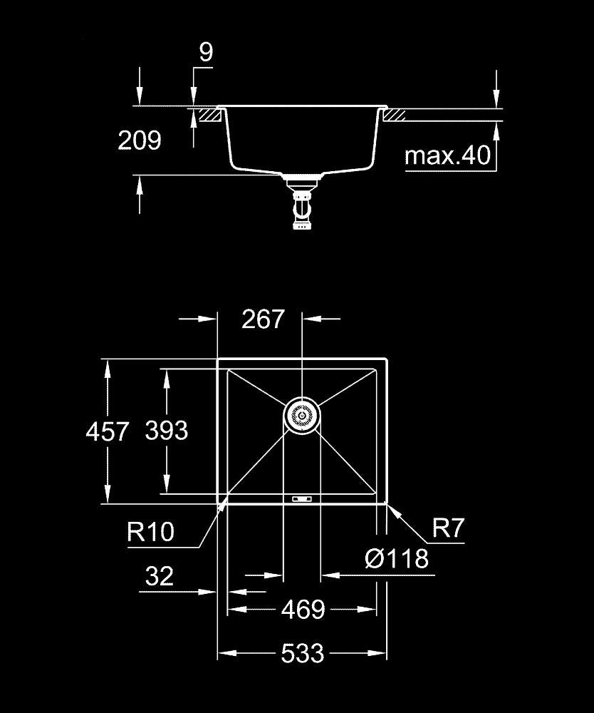 Grohe K700U Kuvars Kompozit Eviye 60 -C 53,3/45,7, Granit Siyah Rengi - 31654AP0 teknik çizim