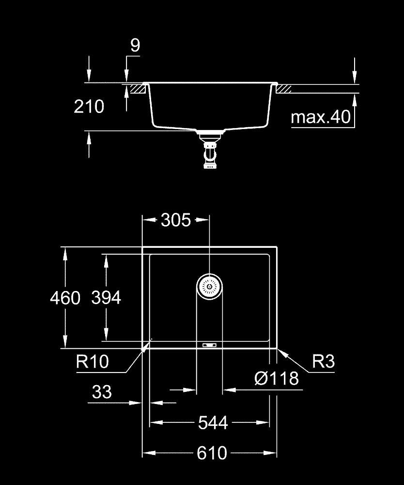 Grohe K700U Kuvars Kompozit Eviye 70 -C 61/45,7, Granit Siyah Rengi - 31655AP0 teknik çizim