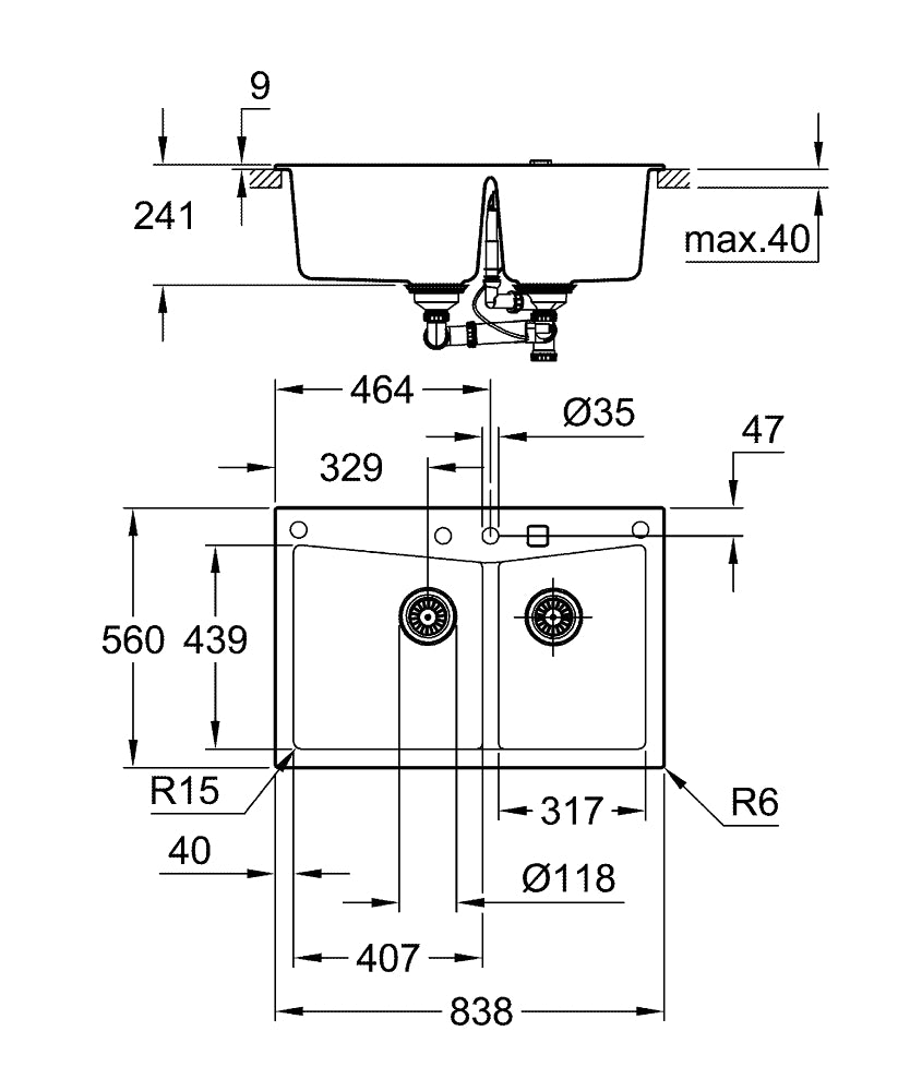 Grohe 700 Kuvars Kompozit Eviye 90 -C 83,8 / 55,9, Granit Siyah Rengi - 31657AP0 teknik çizim