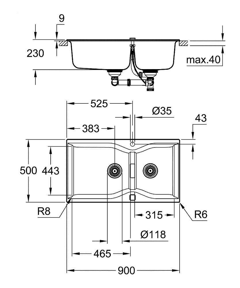 Grohe 700 Kuvars Kompozit Eviye 100 -C 90/50, Granit Siyah Rengi - 31658AP0 teknik çizim