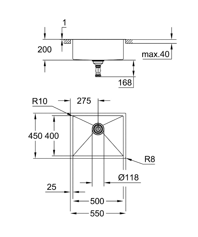 Grohe K700 P.Çelik Eviye 60-S 55/45 Paslanmaz Çelik - 31726SD0 teknik çizim
