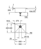 Grohe K700 P.Çelik Eviye 60-S 55/45 Paslanmaz Çelik - 31726SD0 teknik çizim