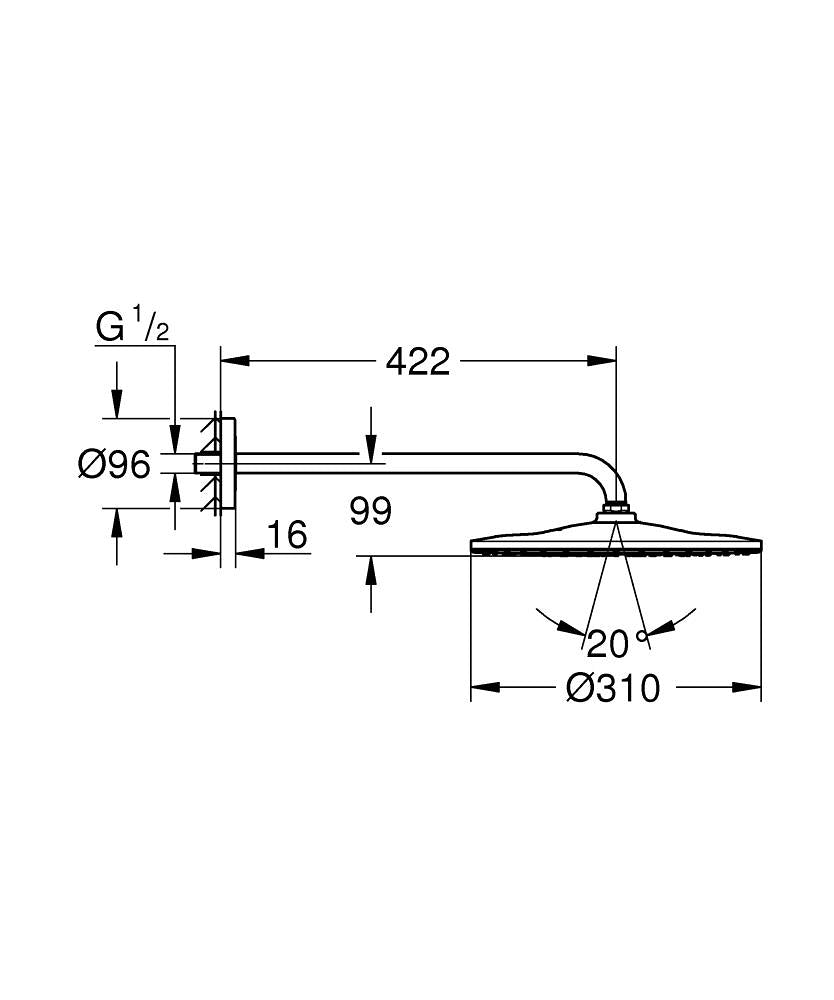 Grohe Rainshower Mono 310 Tepe Duşu Set 422 Mm, 1 Akışlı Krom – 26557000 teknik çizim
