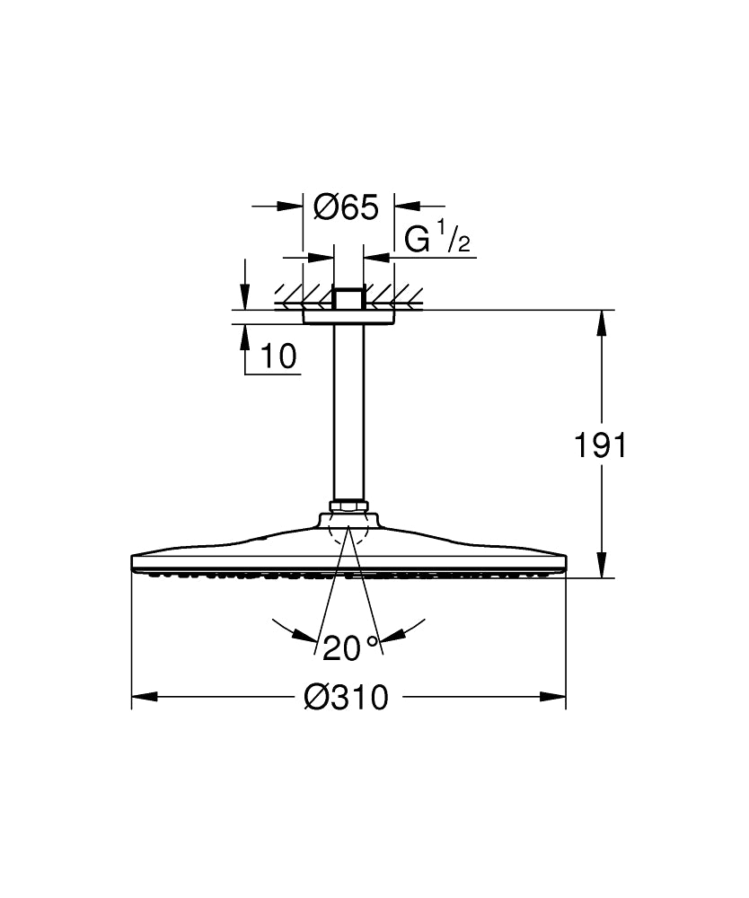 Grohe Rainshower Mono 310 Tepe Duşu Set 422 Mm, 1 Akışlı Mat Siyah - 22122KF0 teknik çizim
