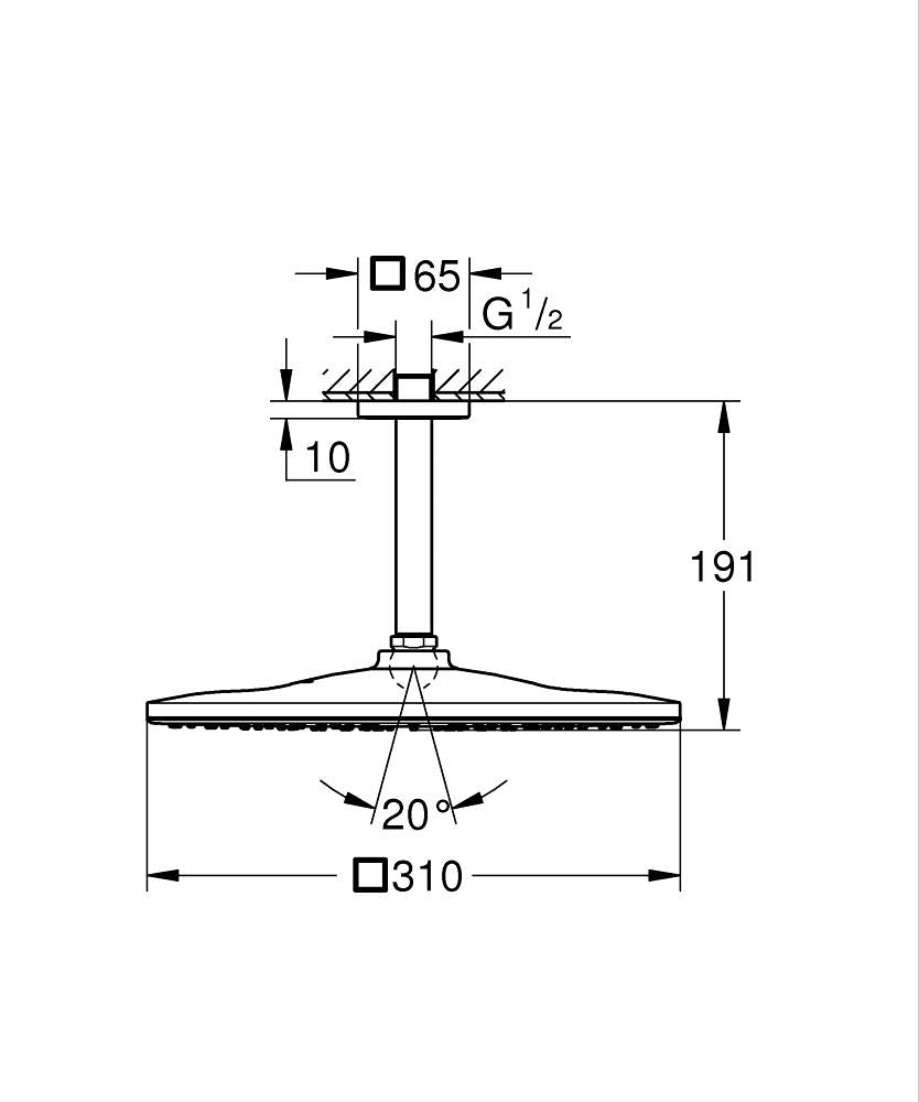 Grohe Rainshower Mono 310 Cube Tepe Duşu Seti 142 Mm, Tek Akışlı Brushed Cool Sunrise - 26566GN0 teknik çizim