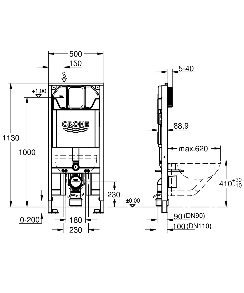 Grohe Gömme Rezervuar Rapid SL Pnömatik 89 mm - 39687000 teknik çizim