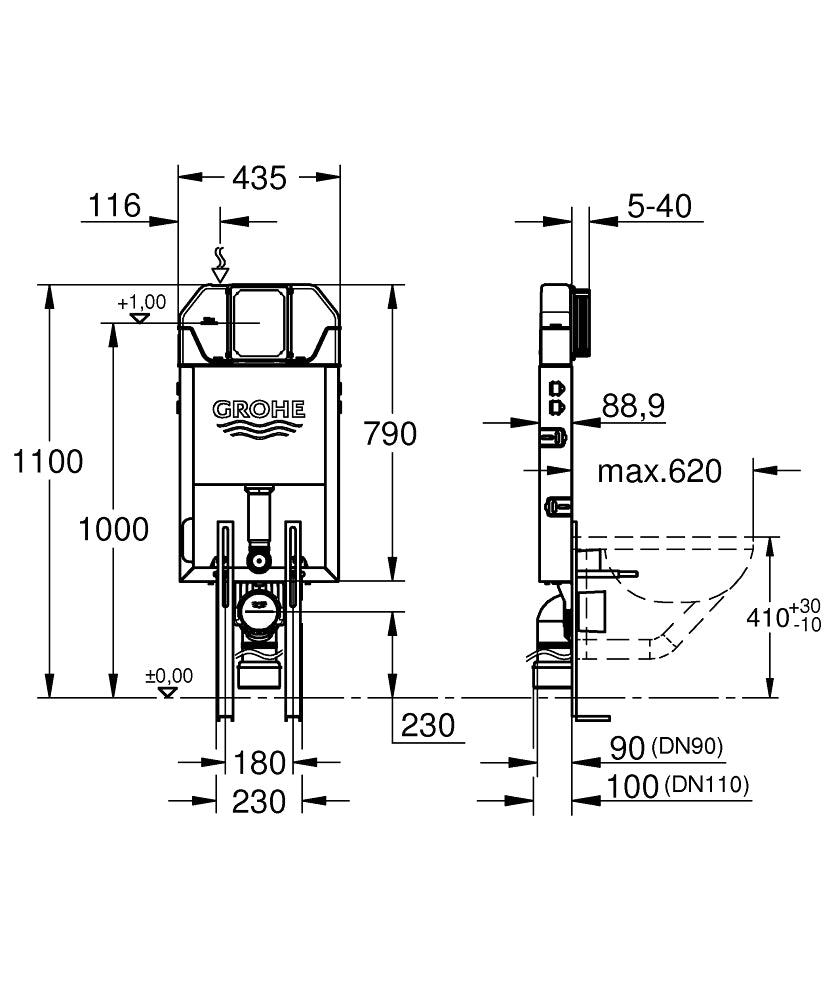 Grohe Gömme Rezervuar Uniset Pnömatik 89 mm Ayak Dahil - 39840000 teknik çizim
