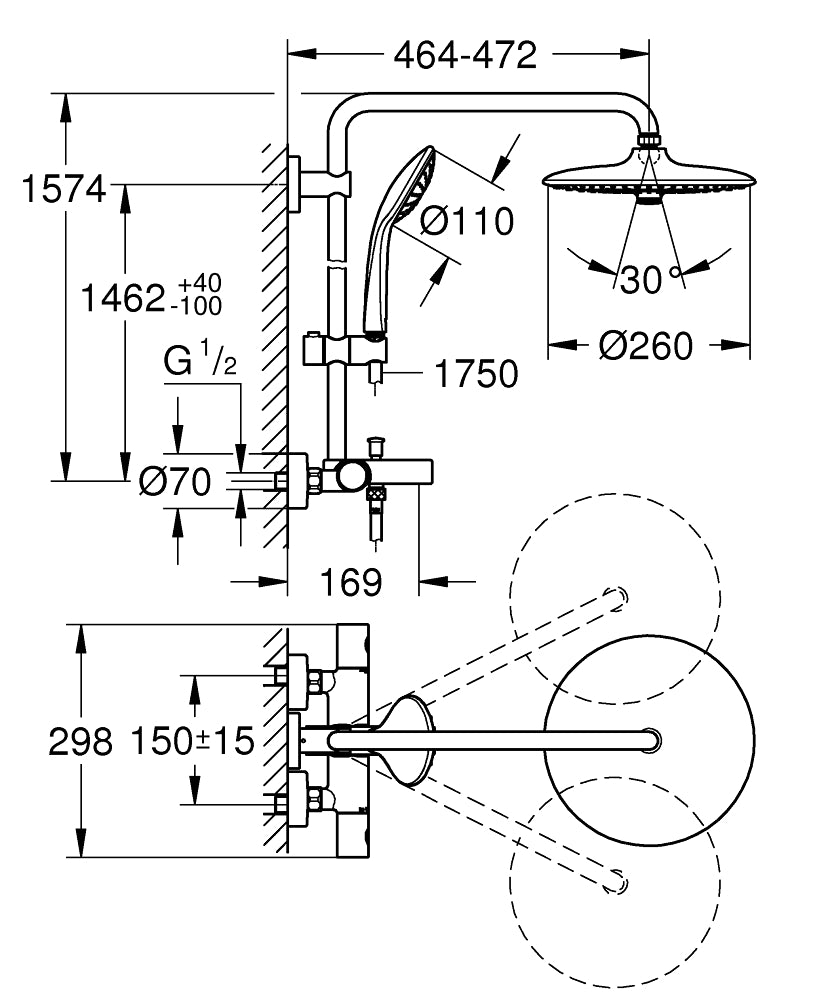 Grohe Duvara Monte Termostatik Banyo Bataryalı Duş Sistemi - 27475002 teknik çizim