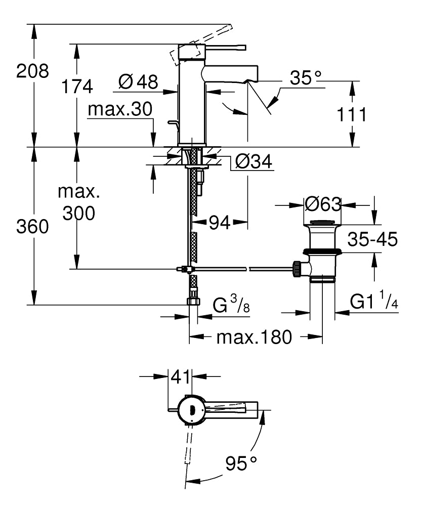 Grohe  Lavabo Bataryası Essence S-Boyut Krom - 23379001 teknik çizim