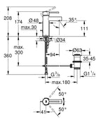 Grohe Lavabo Bataryası Essence S-Boyut Krom - 32898001 teknik çizim