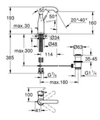 Grohe Essence Tek Kumandalı Lavabo Bataryası M - 24173001 teknik çizim