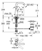 Grohe Essence Tek Kumandalı Lavabo Bataryası 1/2"L - 24174001 teknik çizim