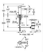 Grohe Essence New Tek Kumandalı Bide Bataryası S-Boyut - 32935001 teknik çizim