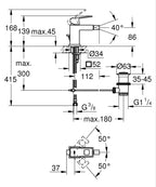 Grohe Eurocube Tek Kumandalı Bide Bataryası - 23138000 teknik çizim