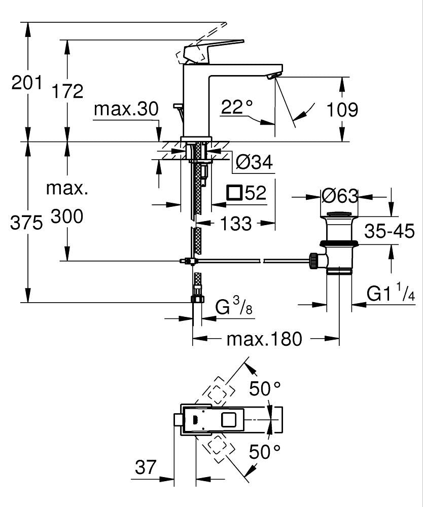 Grohe Lavabo Bataryası Eurocube M-Boyut Krom - 23445000 teknik çizim