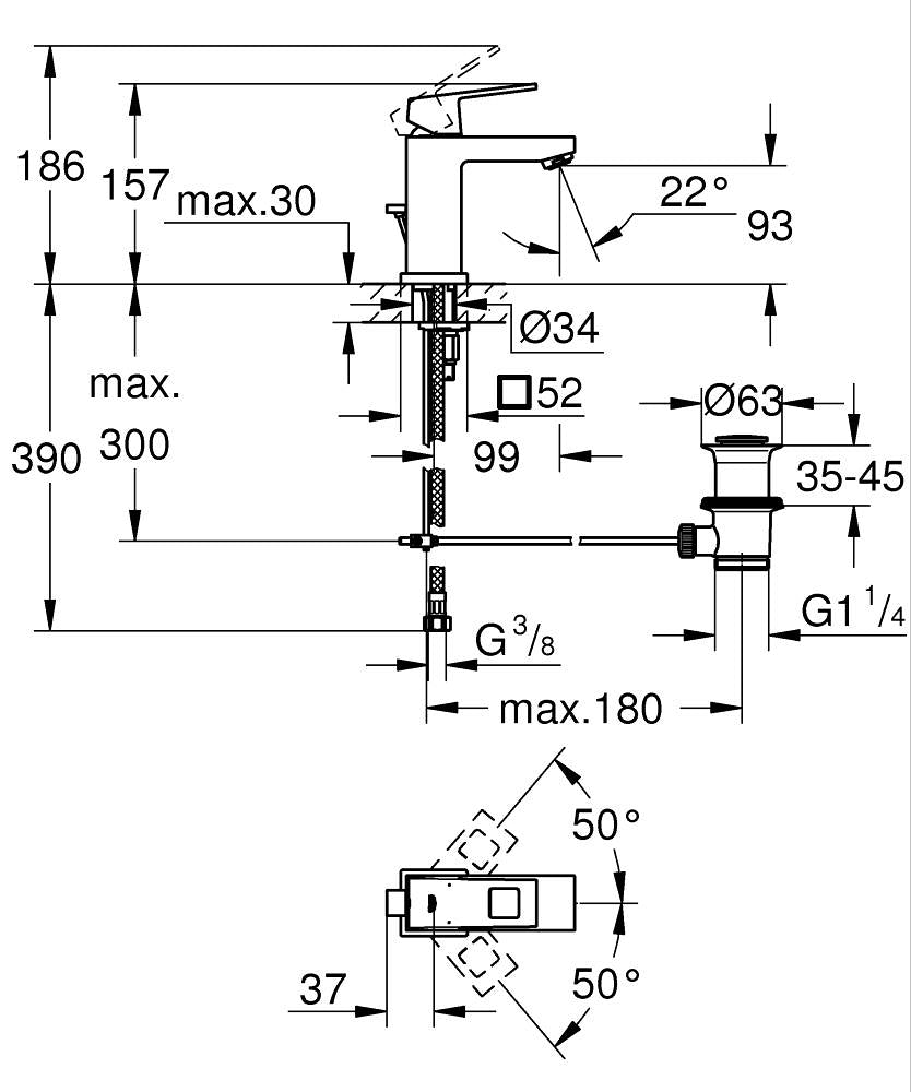 Grohe Lavabo Bataryası Eurocube S-Boyut Krom - 2312700E teknik çizim