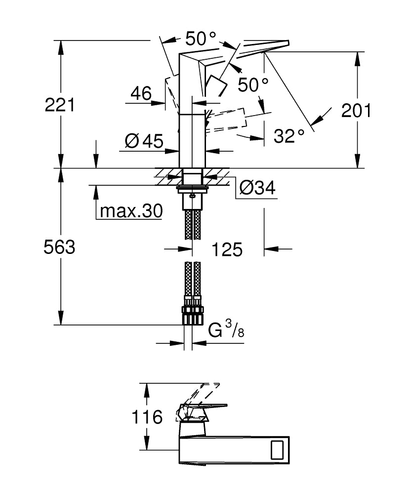 Grohe Allure Brilliant Tek Kumandalı Lavabo Bataryası L-Boyut - 24345000 teknik çizim
