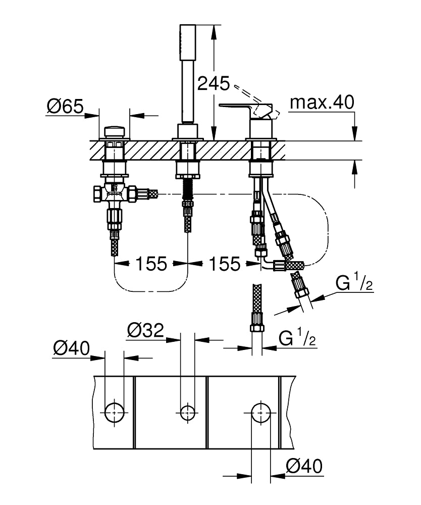 Grohe Lineare Üç Delikli Tek Kumandalı Banyo Kombinasyonu - 19965001 teknik çizim