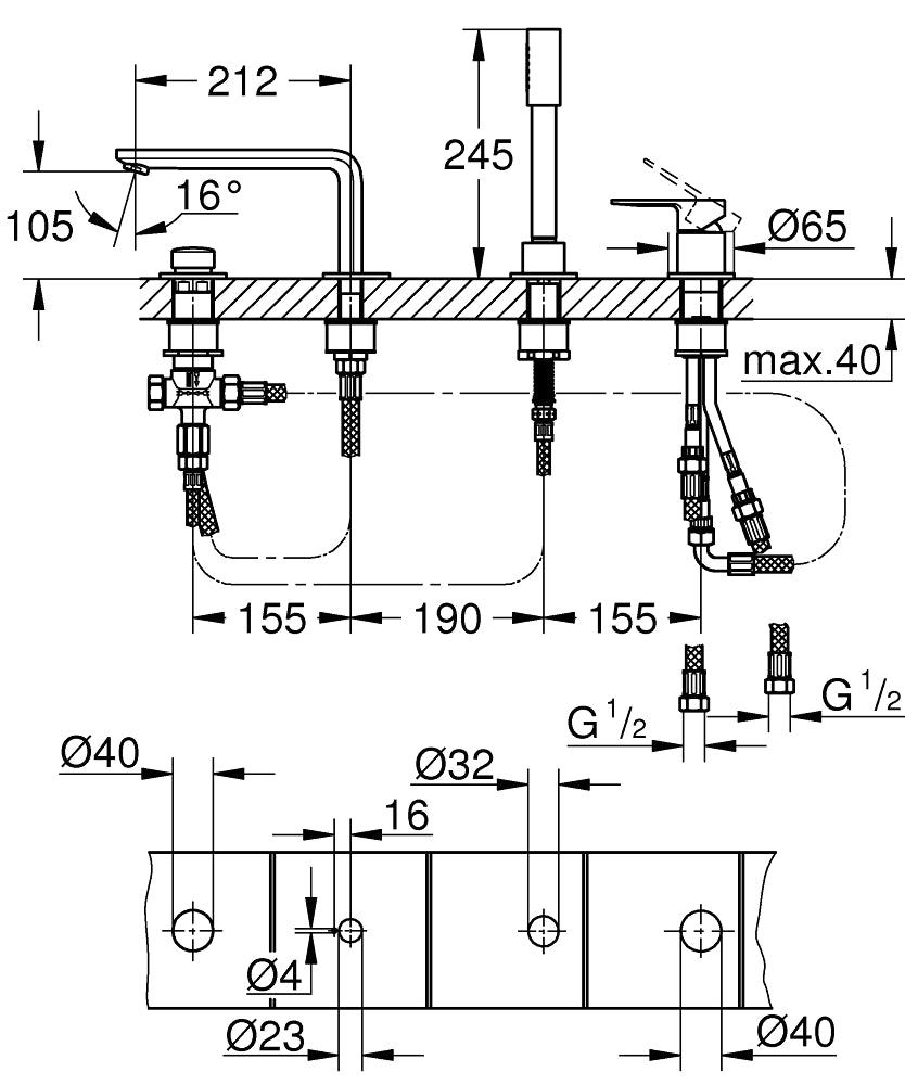 Grohe Küvet Bataryası 4 Delikli Lineare Krom - 19577001 teknik çizim
