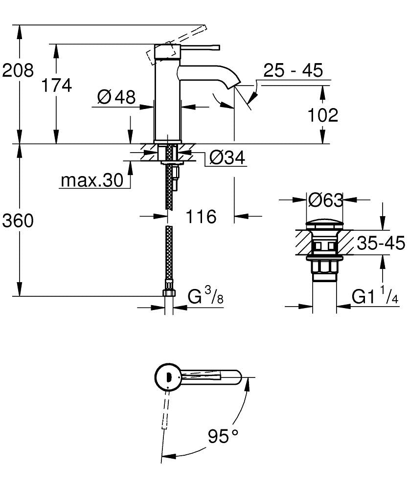 Grohe Lavabo Bataryası Essence S-Boyut Krom - 24179001 teknik çizim