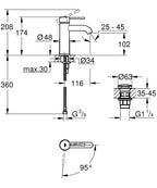 Grohe Lavabo Bataryası Essence S-Boyut Krom - 24179001 teknik çizim